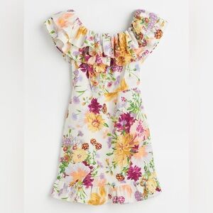 H&M FLOUNCED Off the Shoulder Mini DRESS Stylish Floral Mini Dress with Ruffles